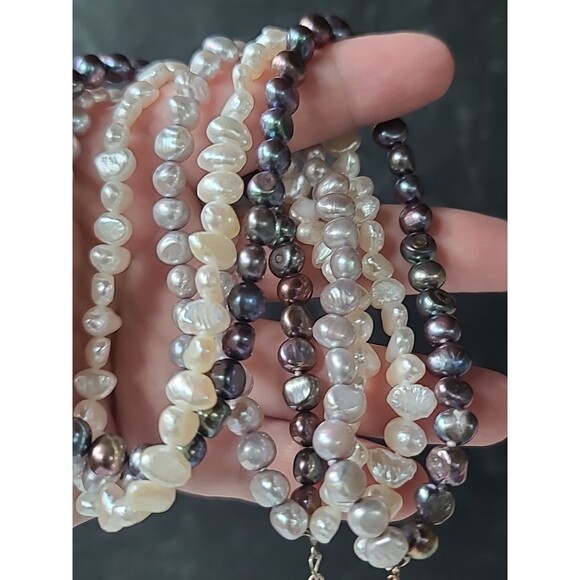 925 Sterling Silver Multistrand & Multicolored Pearl Beaded Necklace Adjustable - Picture 4 of 10